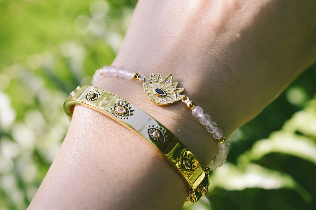 Heart Healing Evil Eye Bracelet – Rose Quartz with Sapphire in 18K Gold Spiritual Jewelry