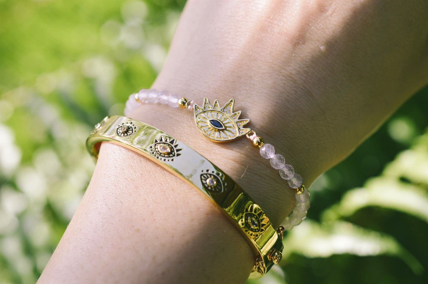 Heart Healing Evil Eye Bracelet, Rose Quartz with Sapphire, 18k Gold