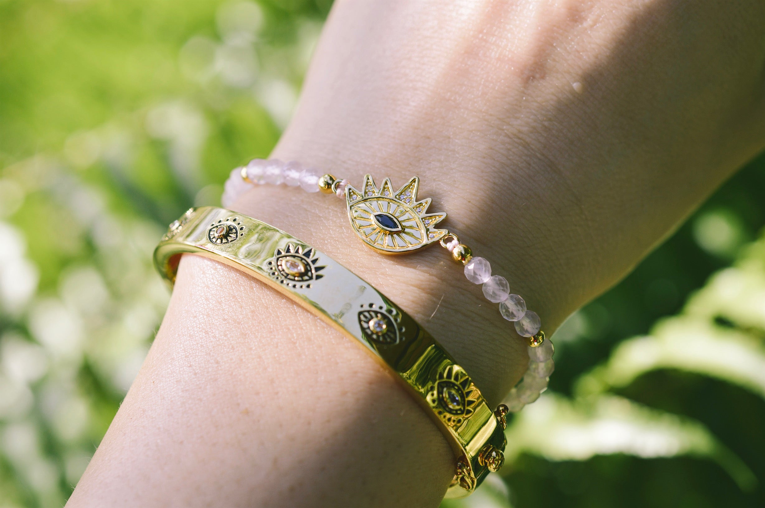 Heart Healing Evil Eye Bracelet – Rose Quartz with Sapphire in 18K Gold Spiritual Jewelry