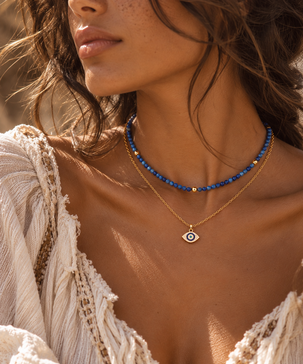 Divine Guardian Lapis Lazuli and Evil Eye Layered Necklace Set, White Rhodium