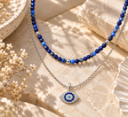 Divine Guardian Lapis Lazuli and Evil Eye Layered Necklace Set, White Rhodium