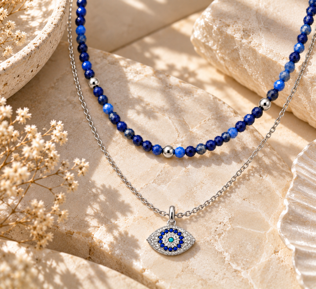 Divine Guardian Lapis Lazuli and Evil Eye Layered Necklace Set, White Rhodium