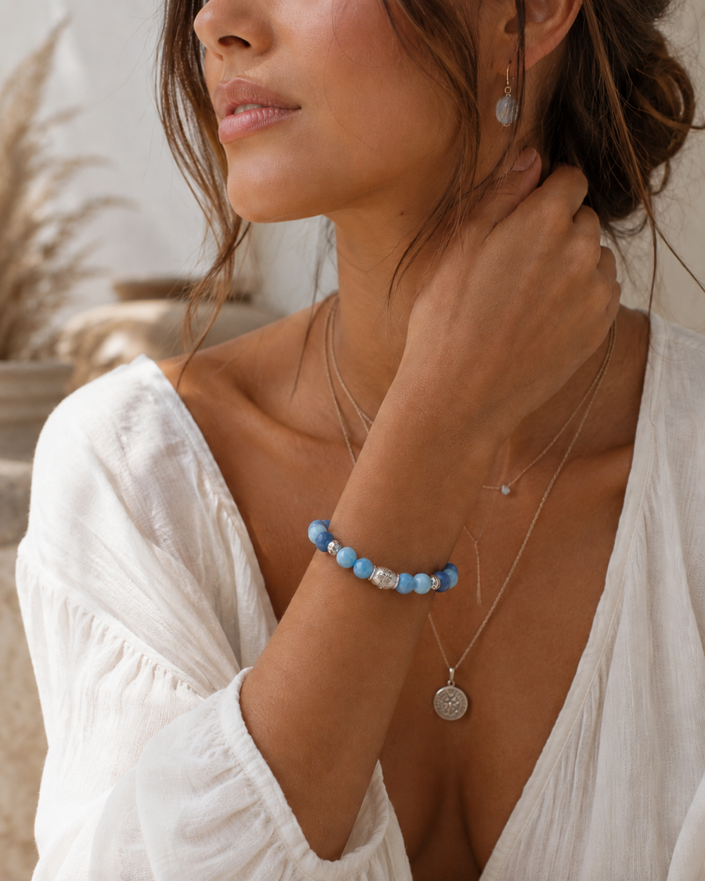 Tranquil Lotus Larimar Quartz Lotus Beaded Bracelet, White Rhodium
