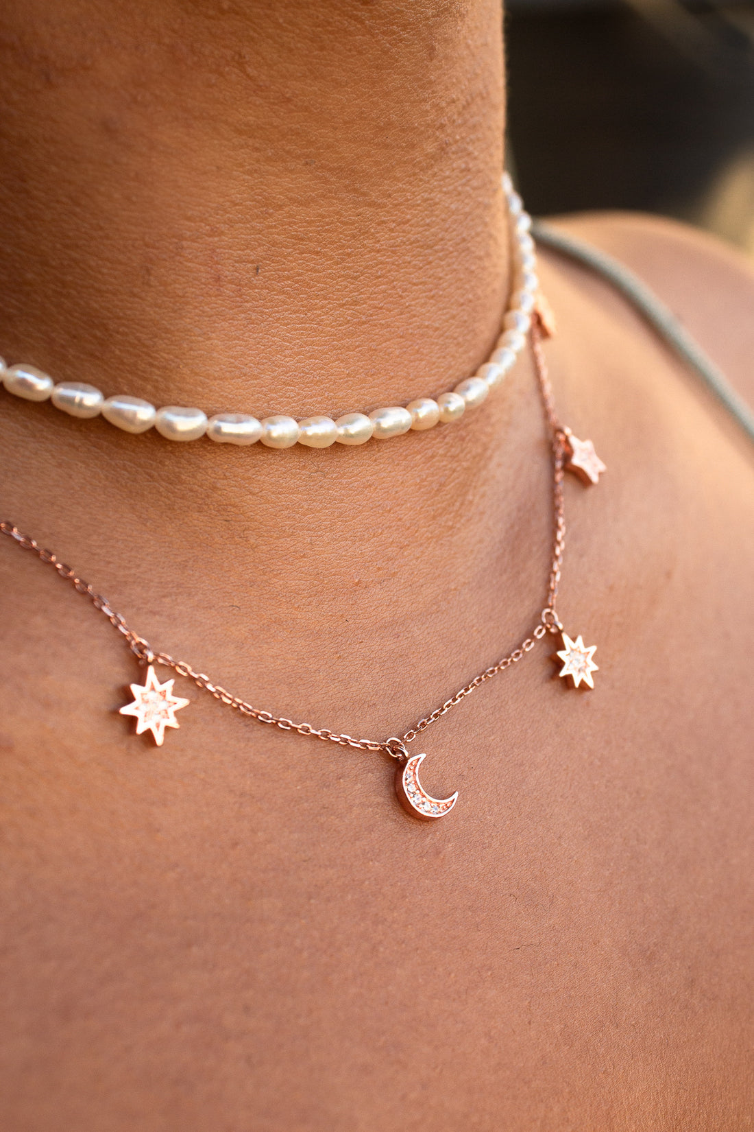 Heavenly Realms Moon & Stars Drop Choker Necklace, Rose Gold, CZ Diamond