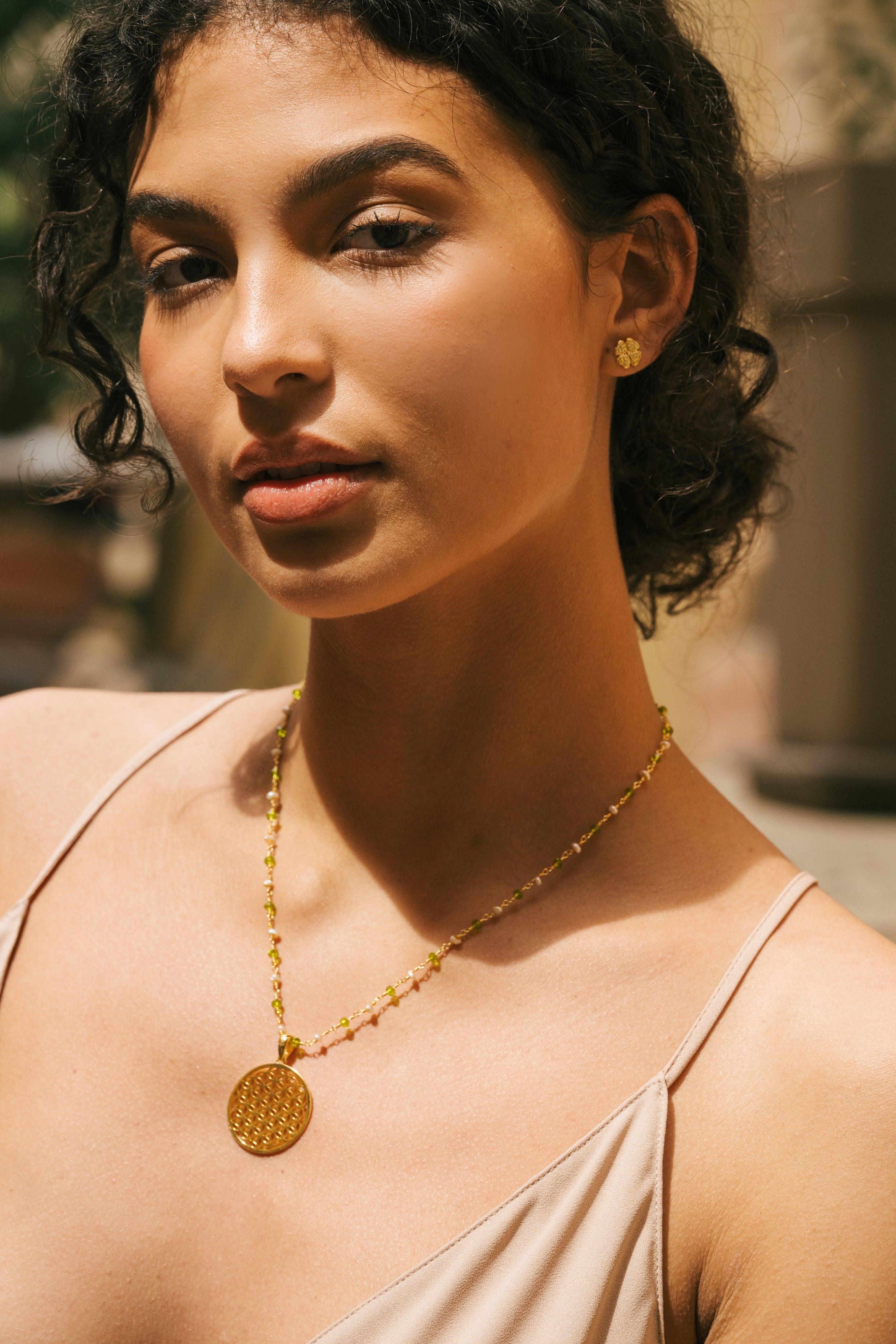 Divine Life Force Flower of Life Necklace – Pearl & Peridot in 18K Gold Spiritual Jewelry