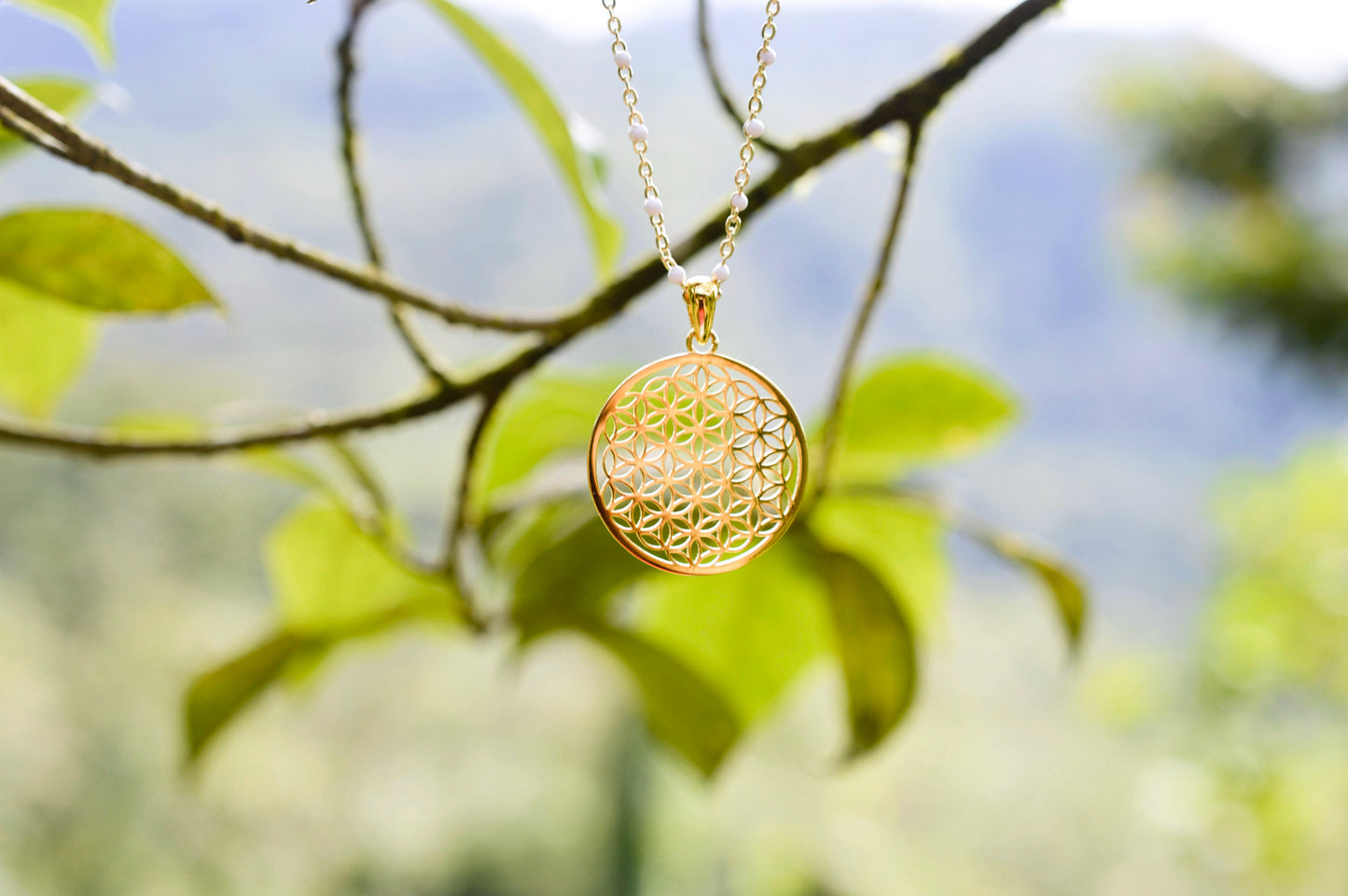 Peaceful Heart Flower of Life Necklace, White Enamel, 18K Gold