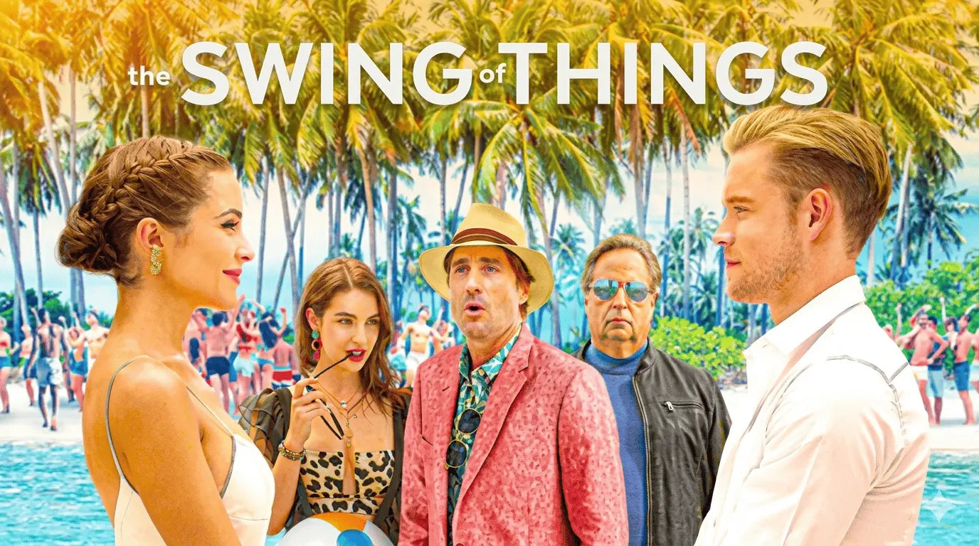 Promotional poster for 'The Swing of Things' with four people by a poolside.