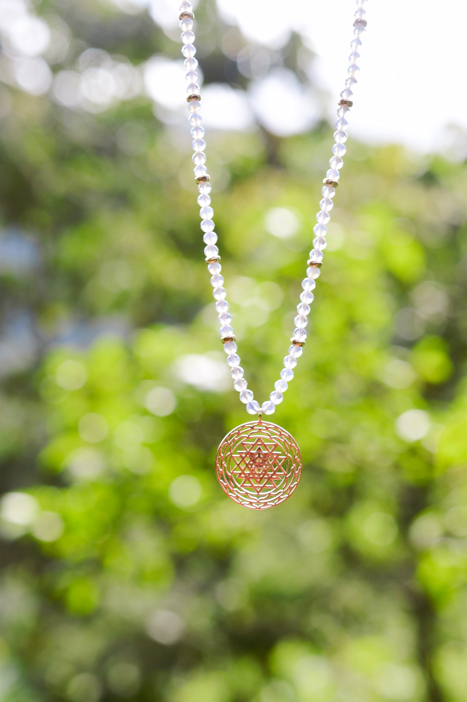 Sri Yantra Harmonious Energy Necklace – White Opal – Rose Gold Spiritual Jewelry