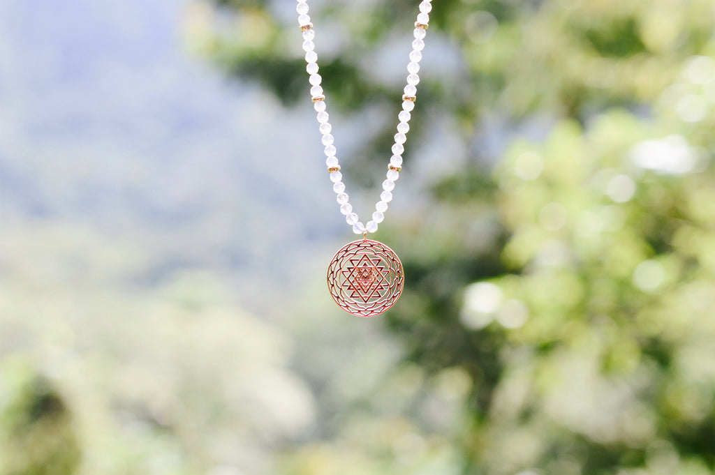 Sri Yantra Harmonious Energy Necklace – White Opal – Rose Gold Spiritual Jewelry