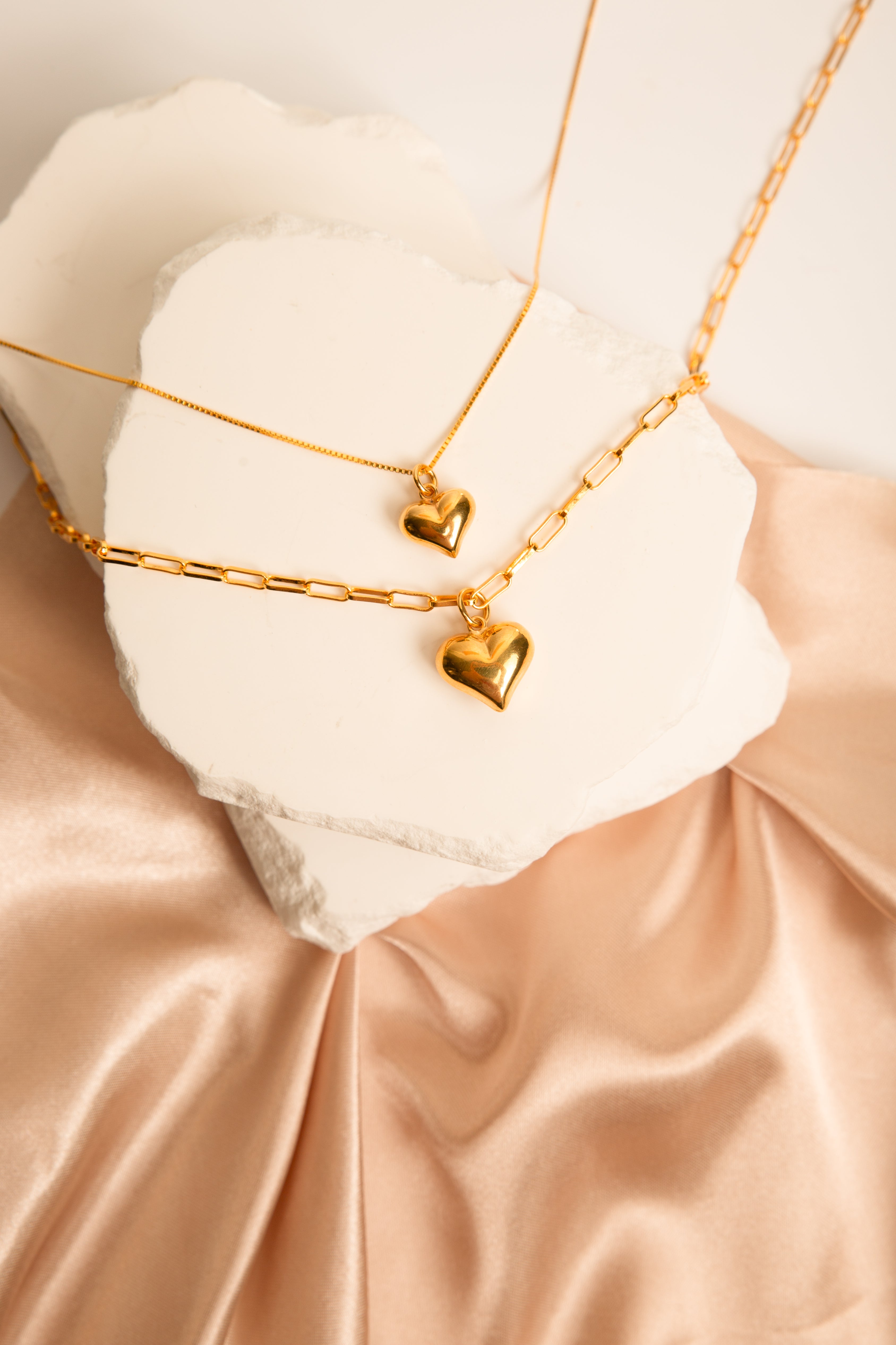 Puffy Heart Paperclip Chain Necklace – 18K Gold Over Sterling Silver Heart Jewelry