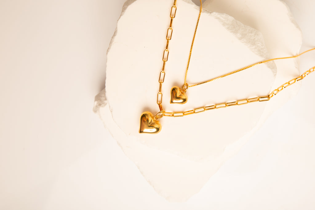 Puffy Heart Paperclip Chain Necklace – 18K Gold Over Sterling Silver Heart Jewelry