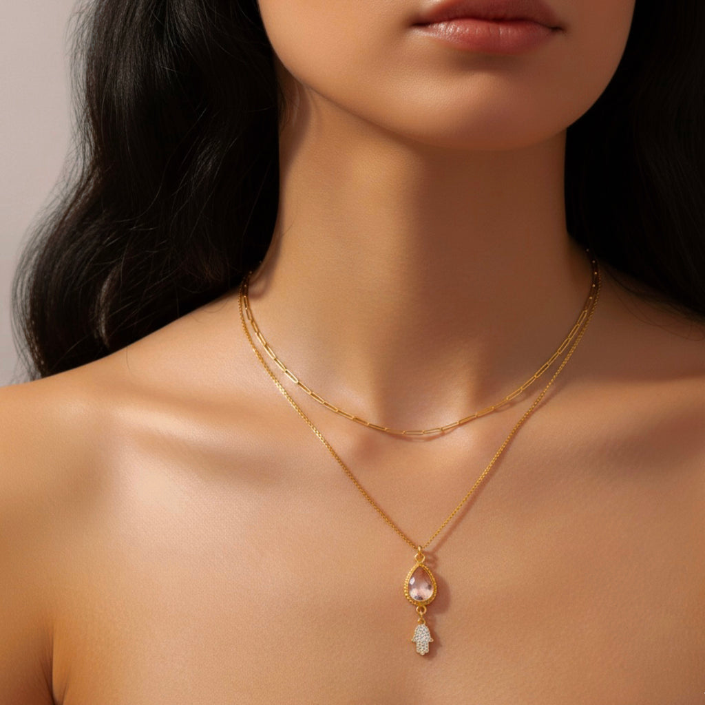 Hamsa Rose Quartz Necklace for Love & Protection in Gold | Spiritual Healing Jewelry