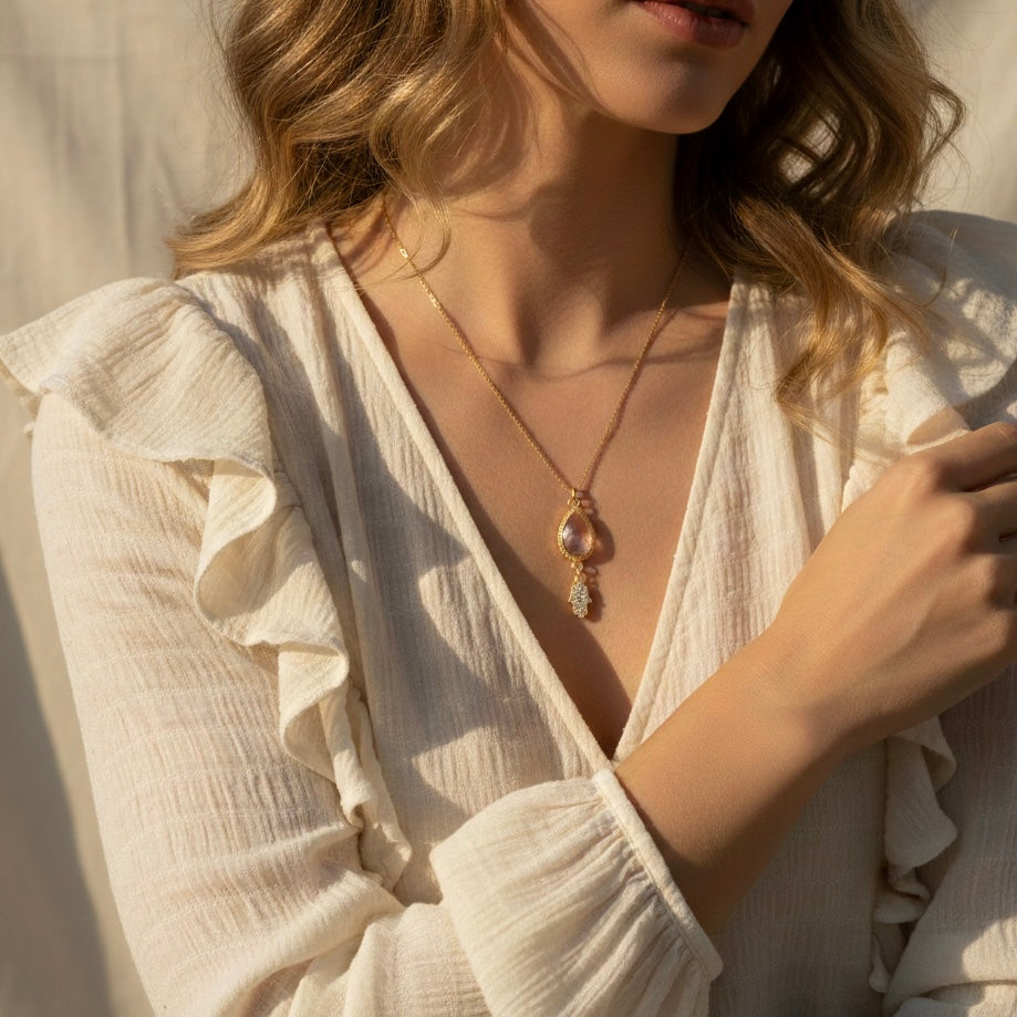 Hamsa Rose Quartz Necklace for Love & Protection in Gold | Spiritual Healing Jewelry