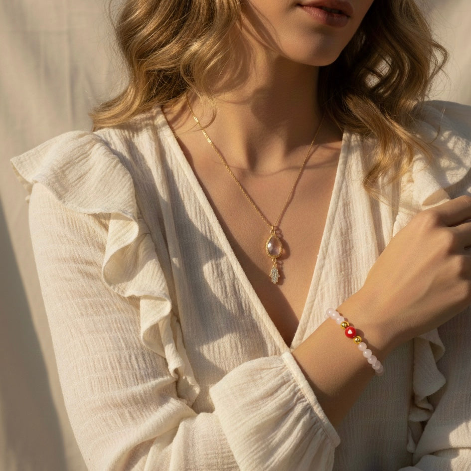 Hamsa Rose Quartz Necklace for Love & Protection in Gold | Spiritual Healing Jewelry