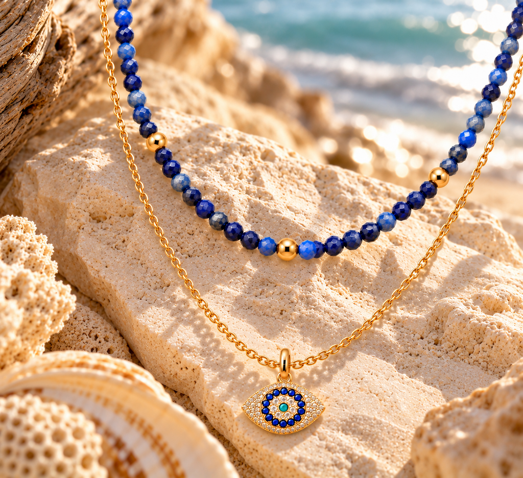 Divine Guardian Lapis Lazuli and Evil Eye Layered Necklace Set, Gold