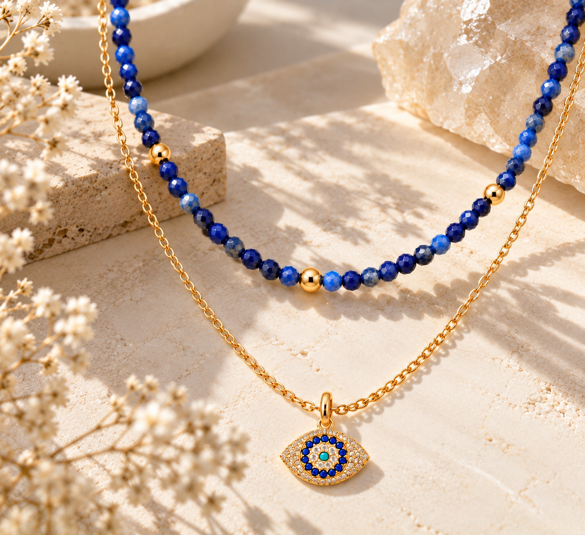 Divine Guardian Lapis Lazuli and Evil Eye Layered Necklace Set, Gold