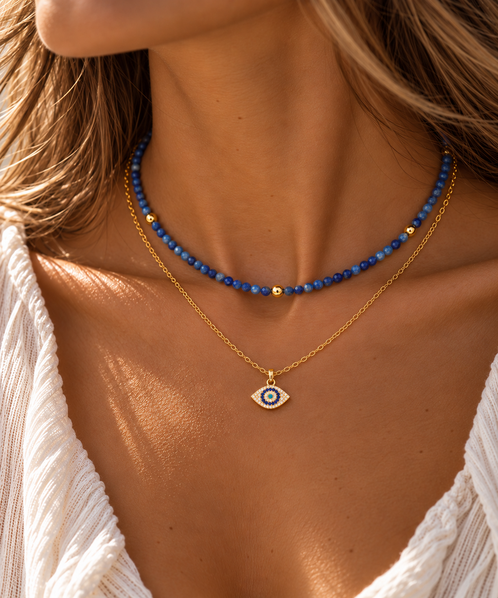 Divine Guardian Lapis Lazuli and Evil Eye Layered Necklace Set, Gold
