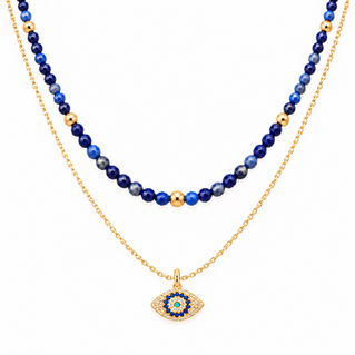 Divine Guardian Lapis Lazuli and Evil Eye Layered Necklace Set, Gold