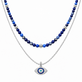 Divine Guardian Lapis Lazuli and Evil Eye Layered Necklace Set, White Rhodium