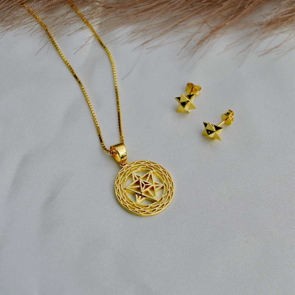 Merkaba Star Light Body Activation Set – Necklace & Earrings in 18K Gold Spiritual Jewelry