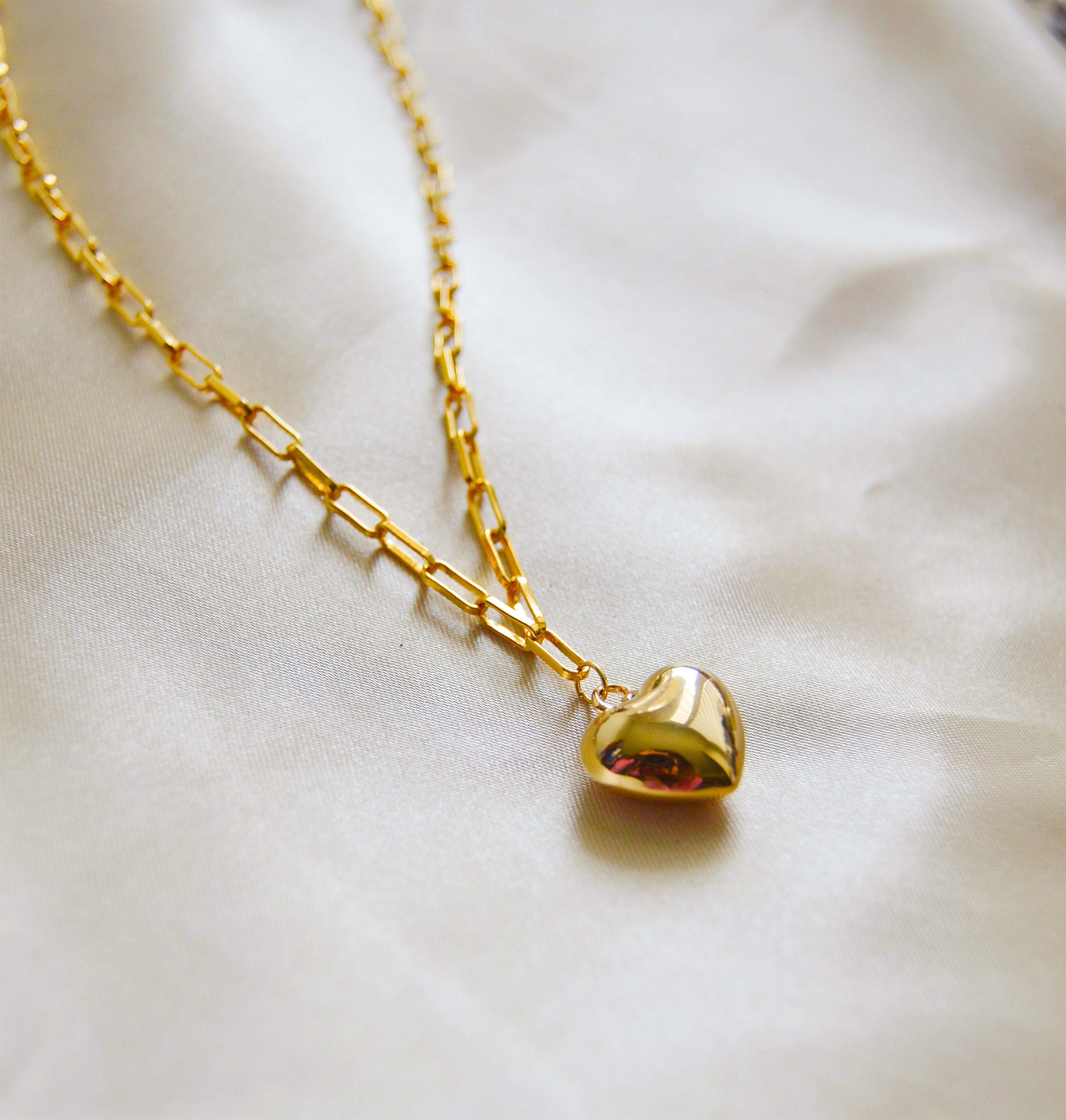 Puffy Heart Paperclip Chain Necklace – 18K Gold Over Sterling Silver Heart Jewelry