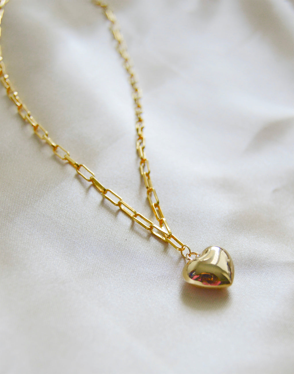 Puffy Heart Paperclip Chain Necklace – 18K Gold Over Sterling Silver Heart Jewelry