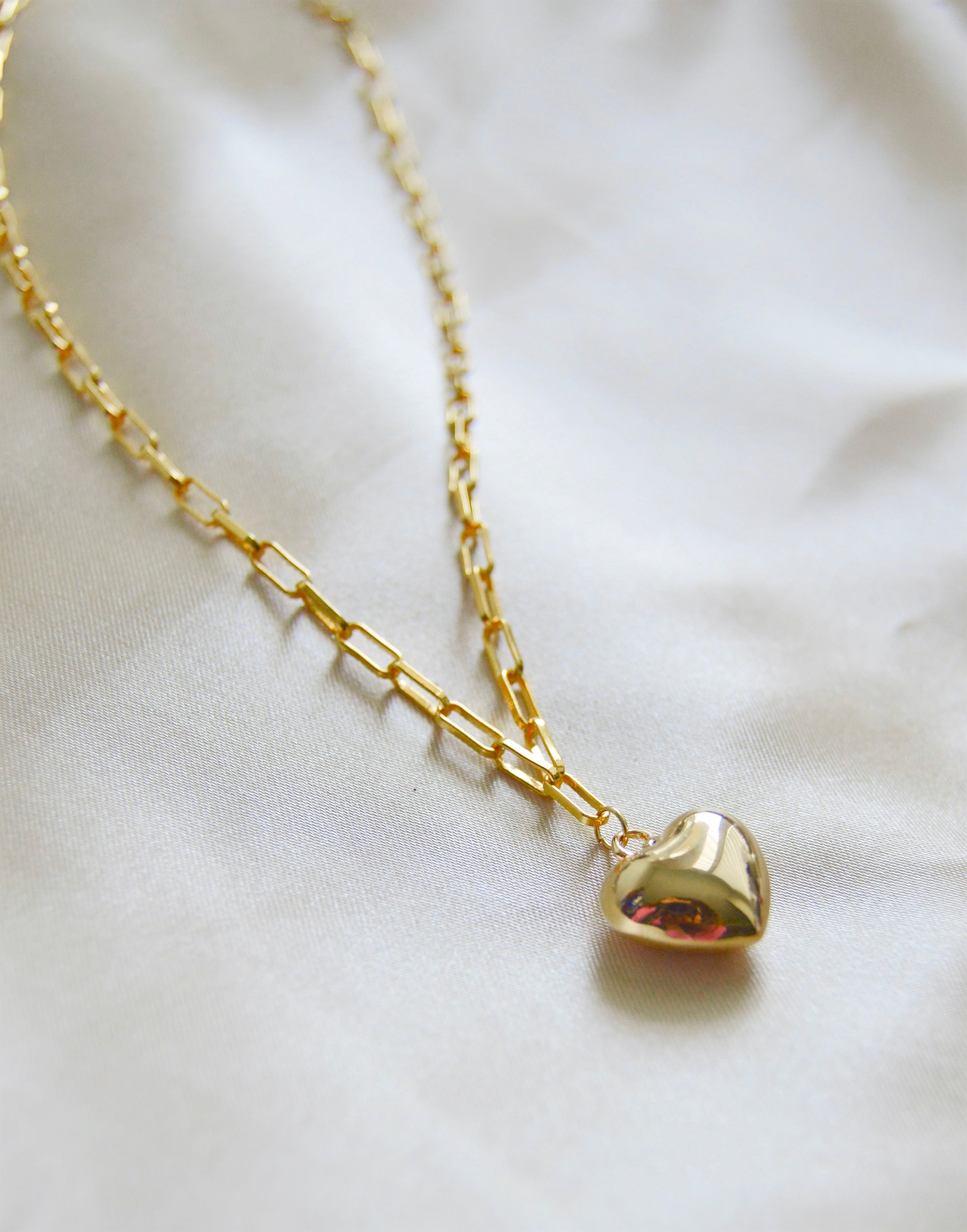 Puffy Heart Paperclip Chain Necklace – 18K Gold Over Sterling Silver Heart Jewelry