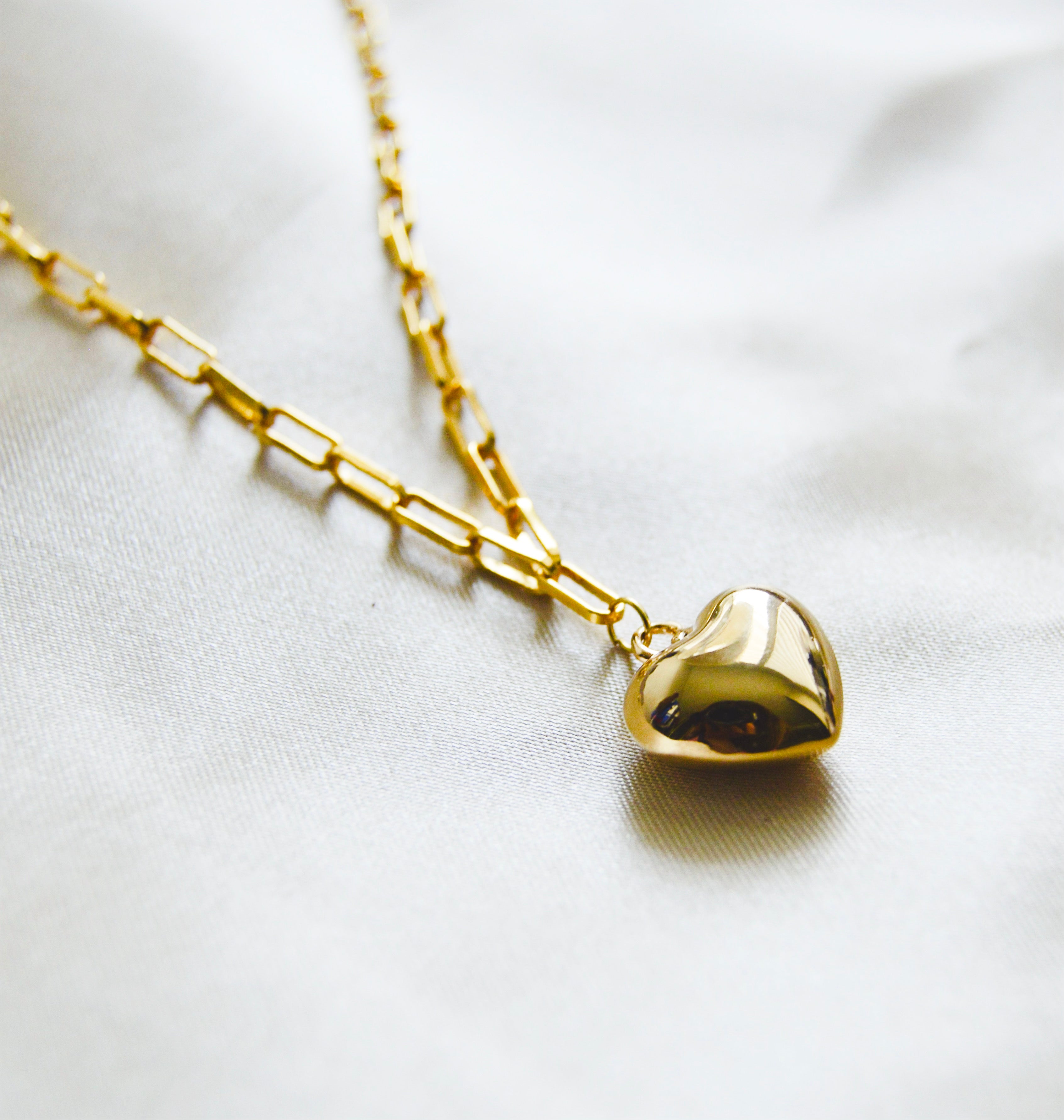 Puffy Heart Paperclip Chain Necklace – 18K Gold Over Sterling Silver Heart Jewelry