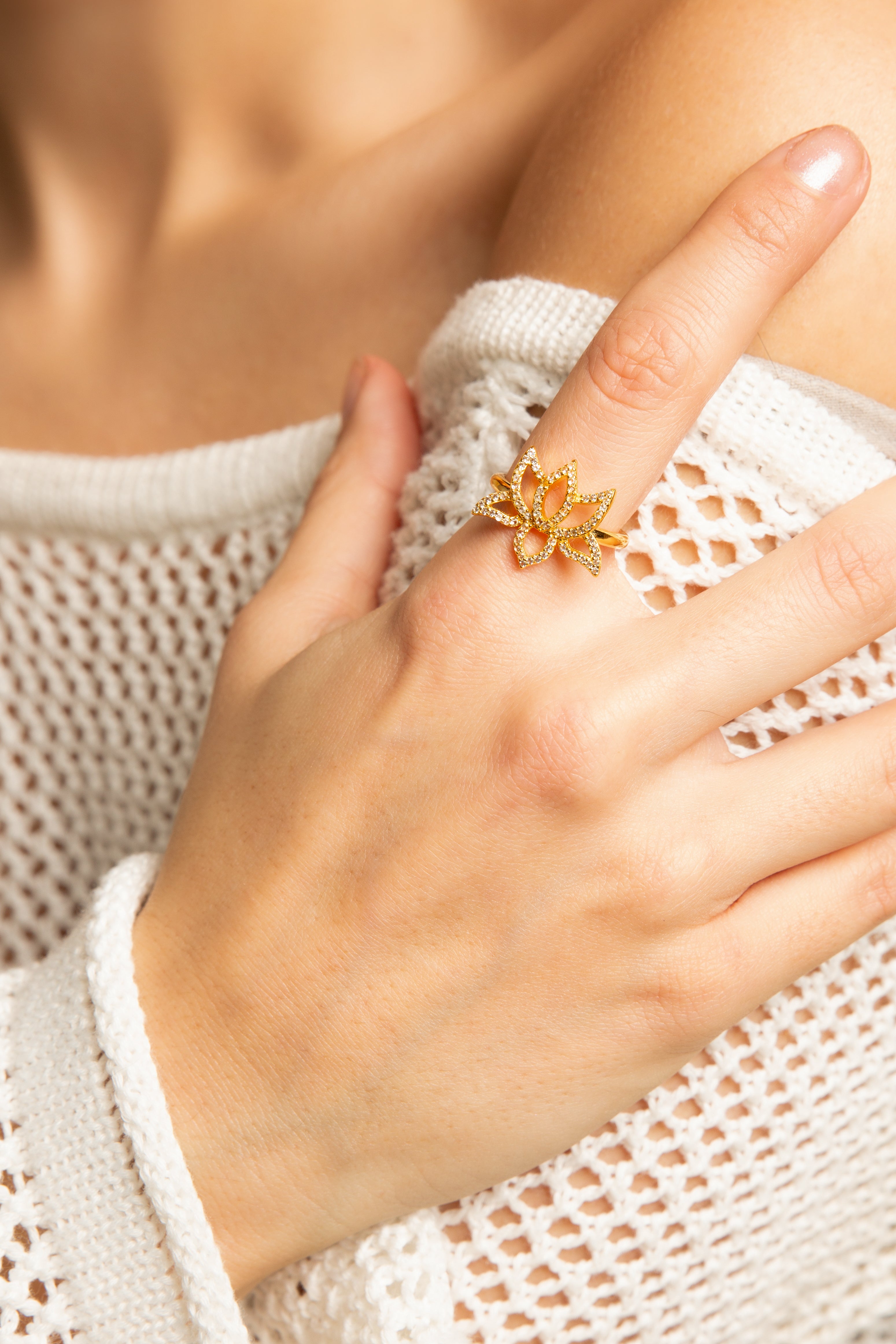 Illuminate Lotus Ring – White Topaz Pavé – 18K Gold Plated Spiritual Jewelry