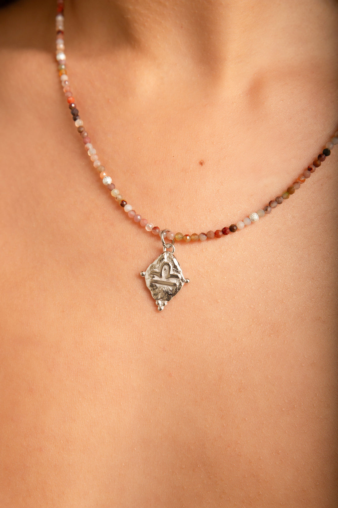 Libra Zodiac Gemstone Choker Necklace - Multi-Colored Opal White Rhodium