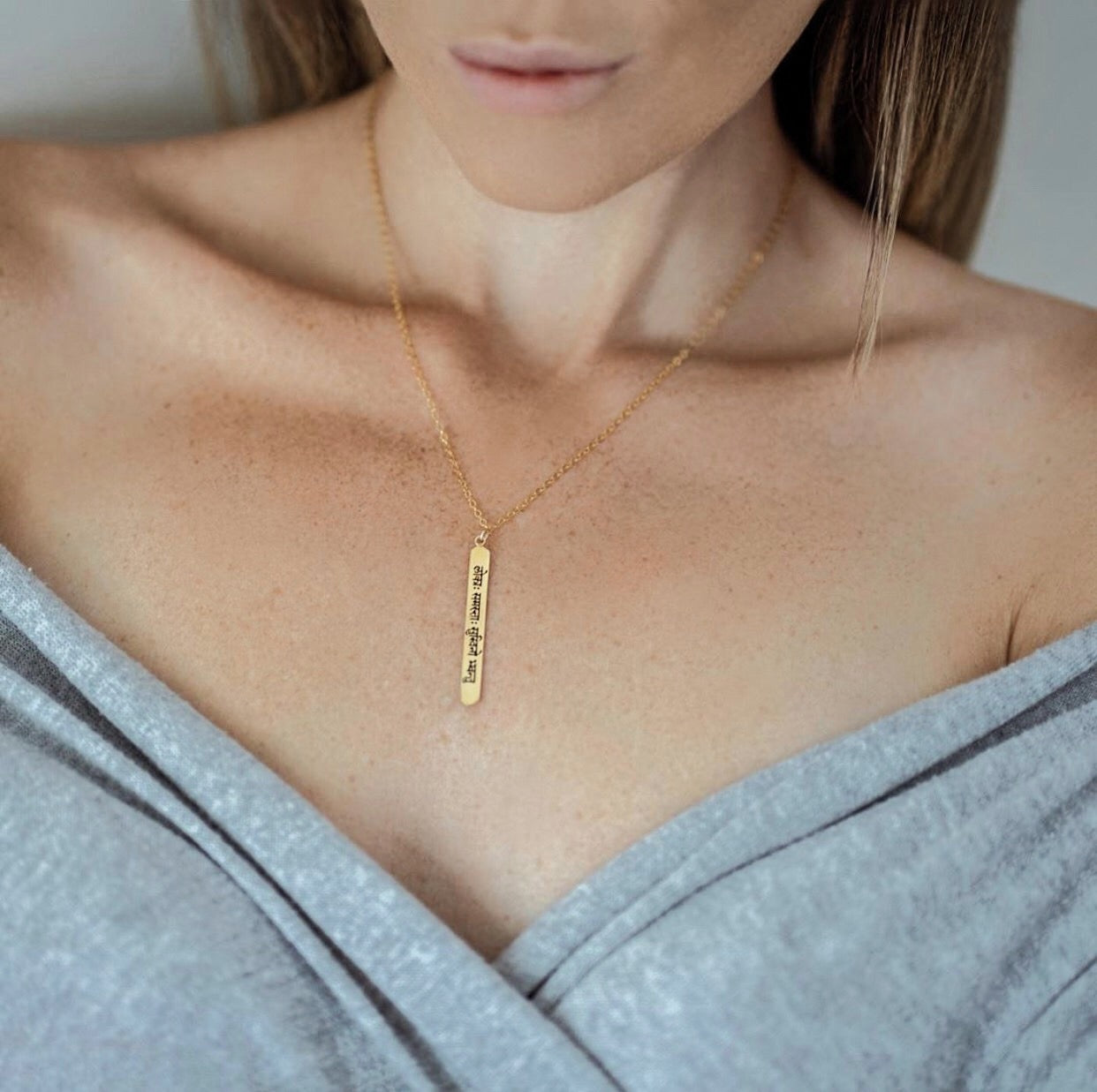 Sanskrit Chant - May All Beings Be Happy and Free -  White Rhodium Bar Necklace