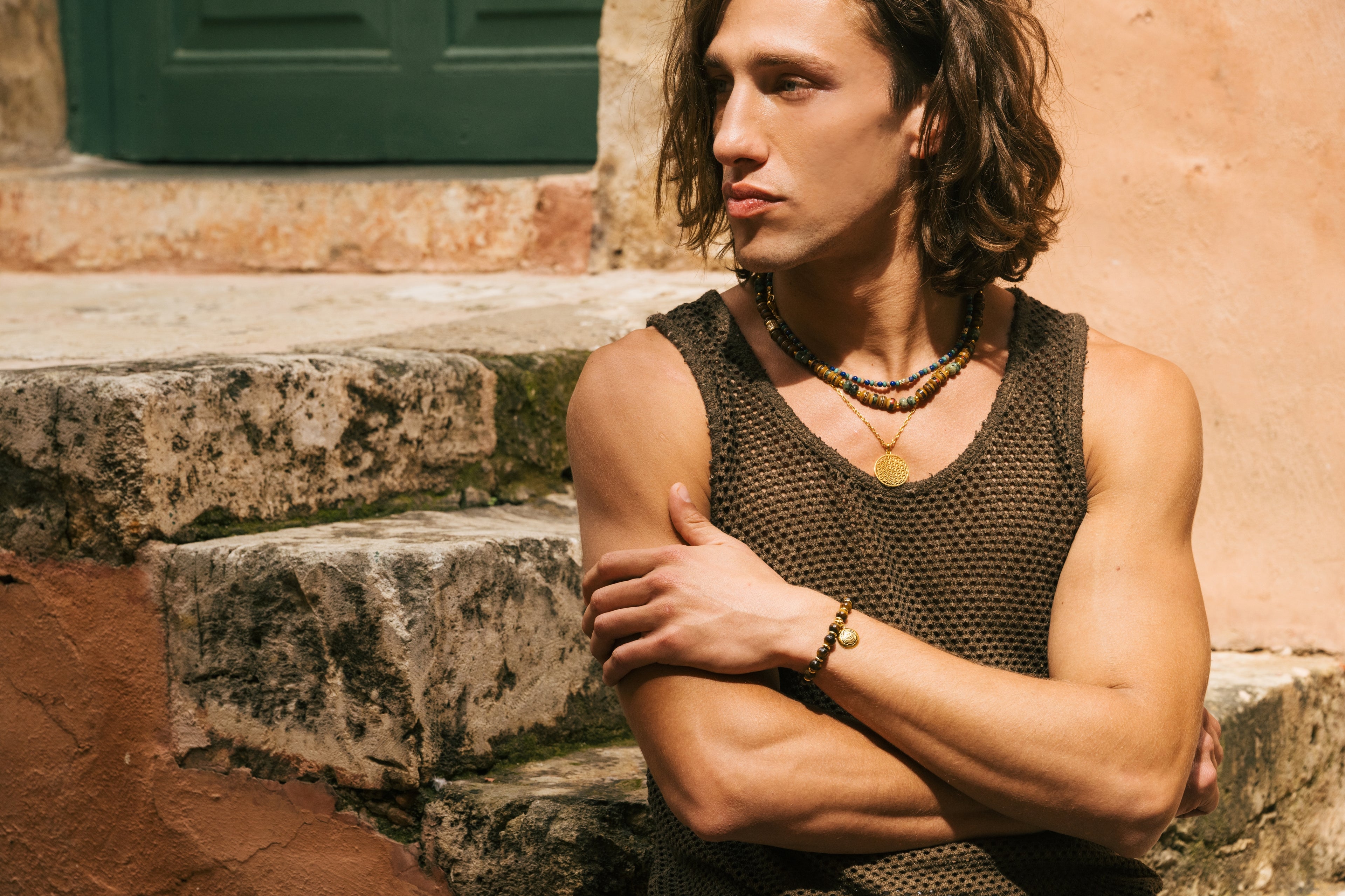 Sacred Earth Talisman Necklace | Brown Inlaid Bone Beads | African Turquoise | Spiritual Healing Necklace | Rhodium Plated