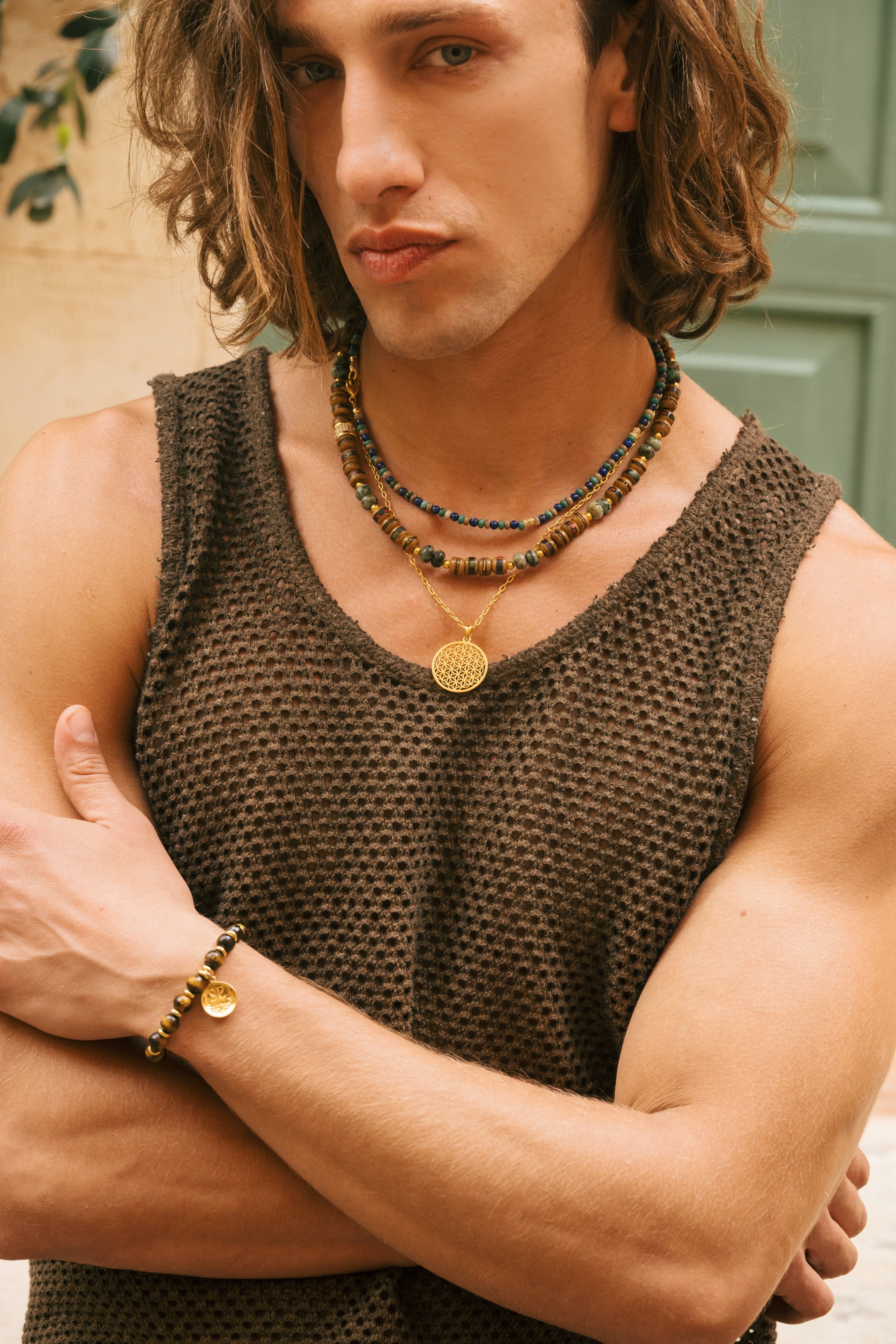 Sacred Earth Talisman Necklace | Brown Inlaid Bone Beads | African Turquoise | Spiritual Healing Necklace | Rhodium Plated