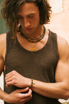 Sacred Earth Talisman Necklace | Brown Inlaid Bone Beads | African Turquoise | Spiritual Healing Necklace | Gold Plated