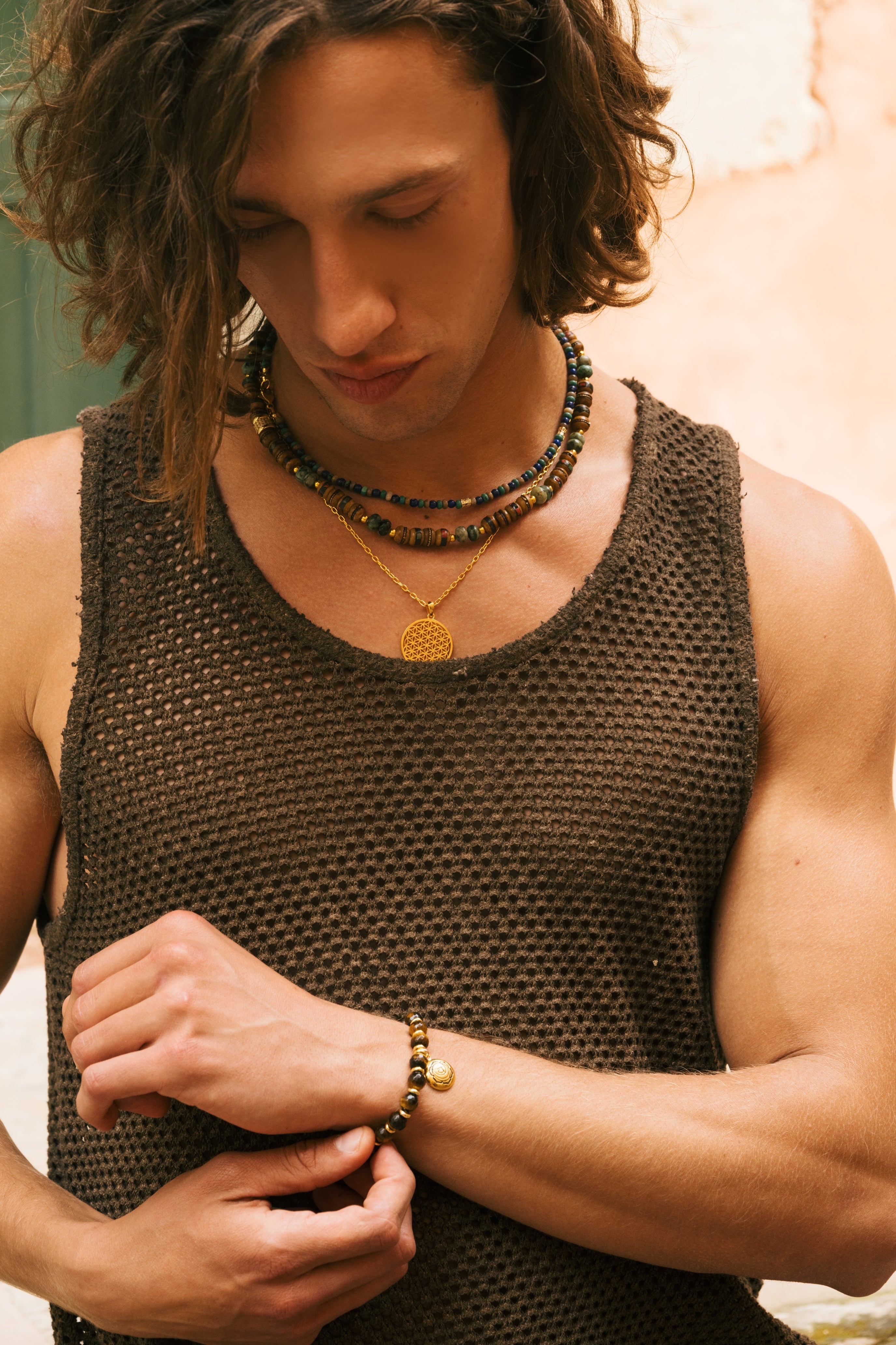 Sacred Earth Talisman Necklace | Brown Inlaid Bone Beads | African Turquoise | Spiritual Healing Necklace | Rhodium Plated