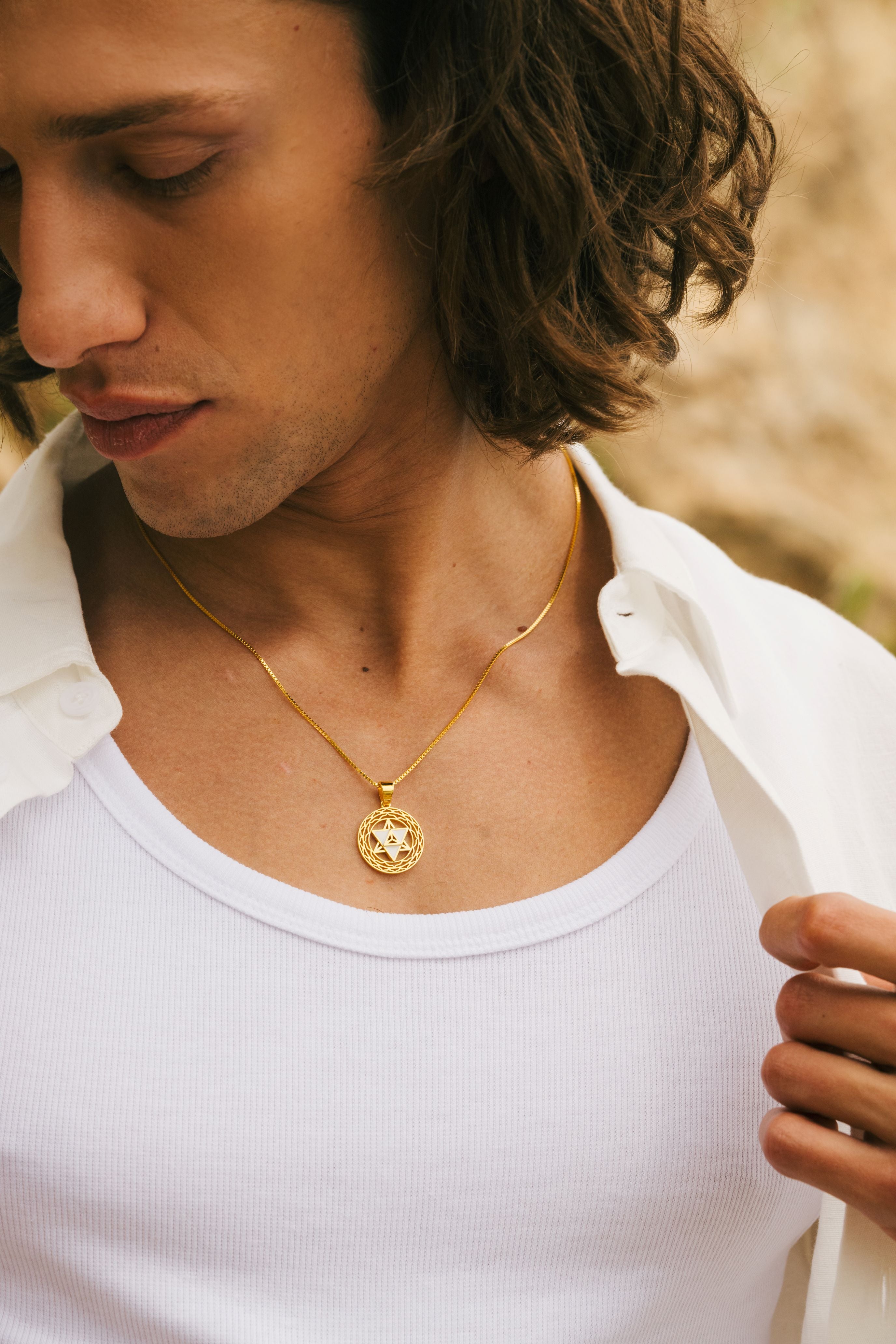 Merkaba Star Spiritual Ascension Necklace – 18K Gold with White Enamel