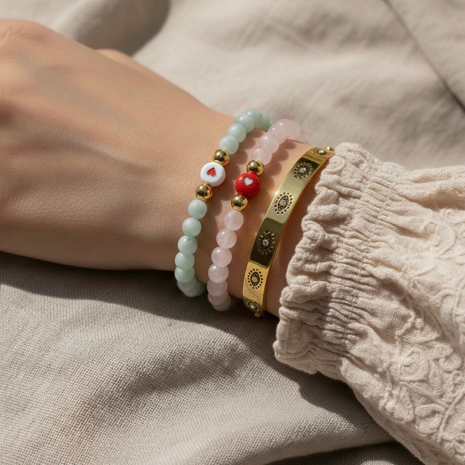Green Moonstone Heart Bracelet for Balance & Minted Glow in Gold | Spiritual Healing Jewelry
