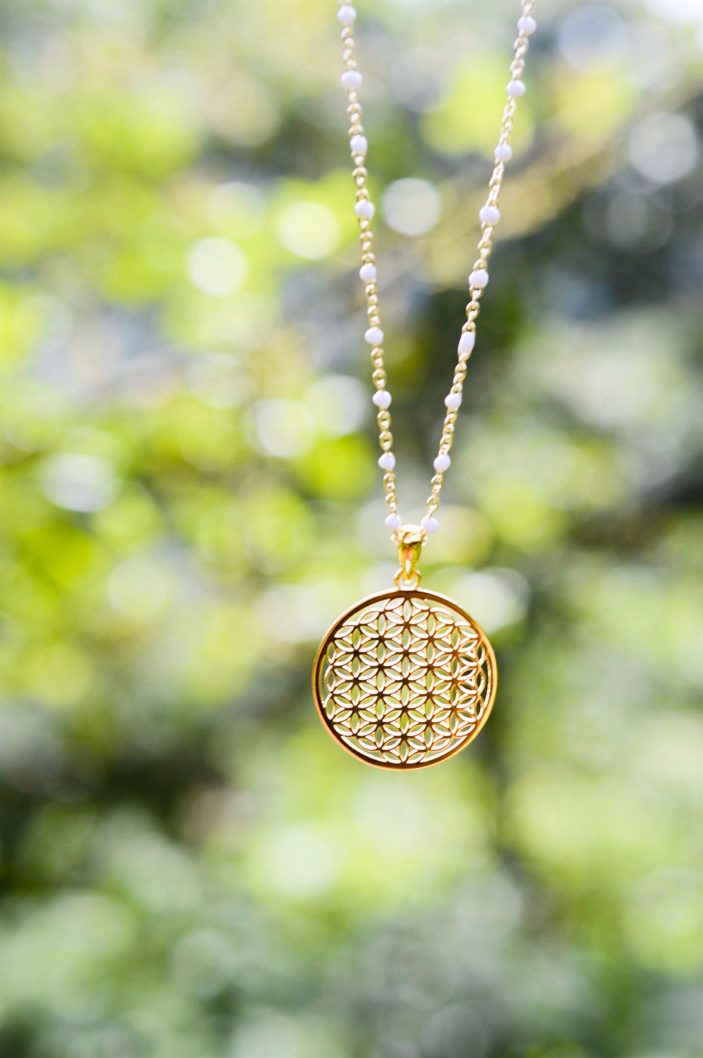 Peaceful Heart Flower of Life Necklace, White Enamel, 18K Gold