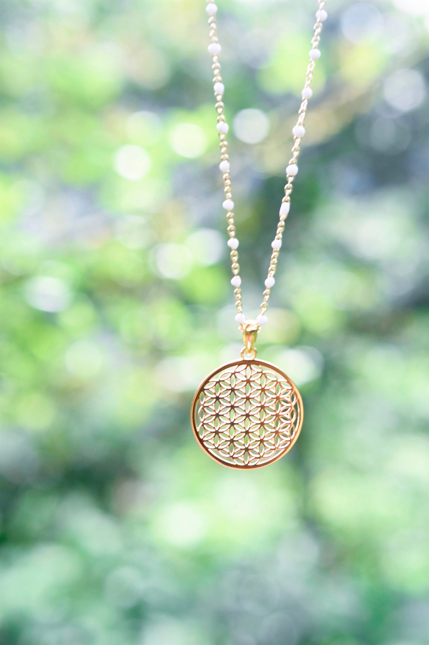 Peaceful Heart Flower of Life Necklace, White Enamel, 18K Gold