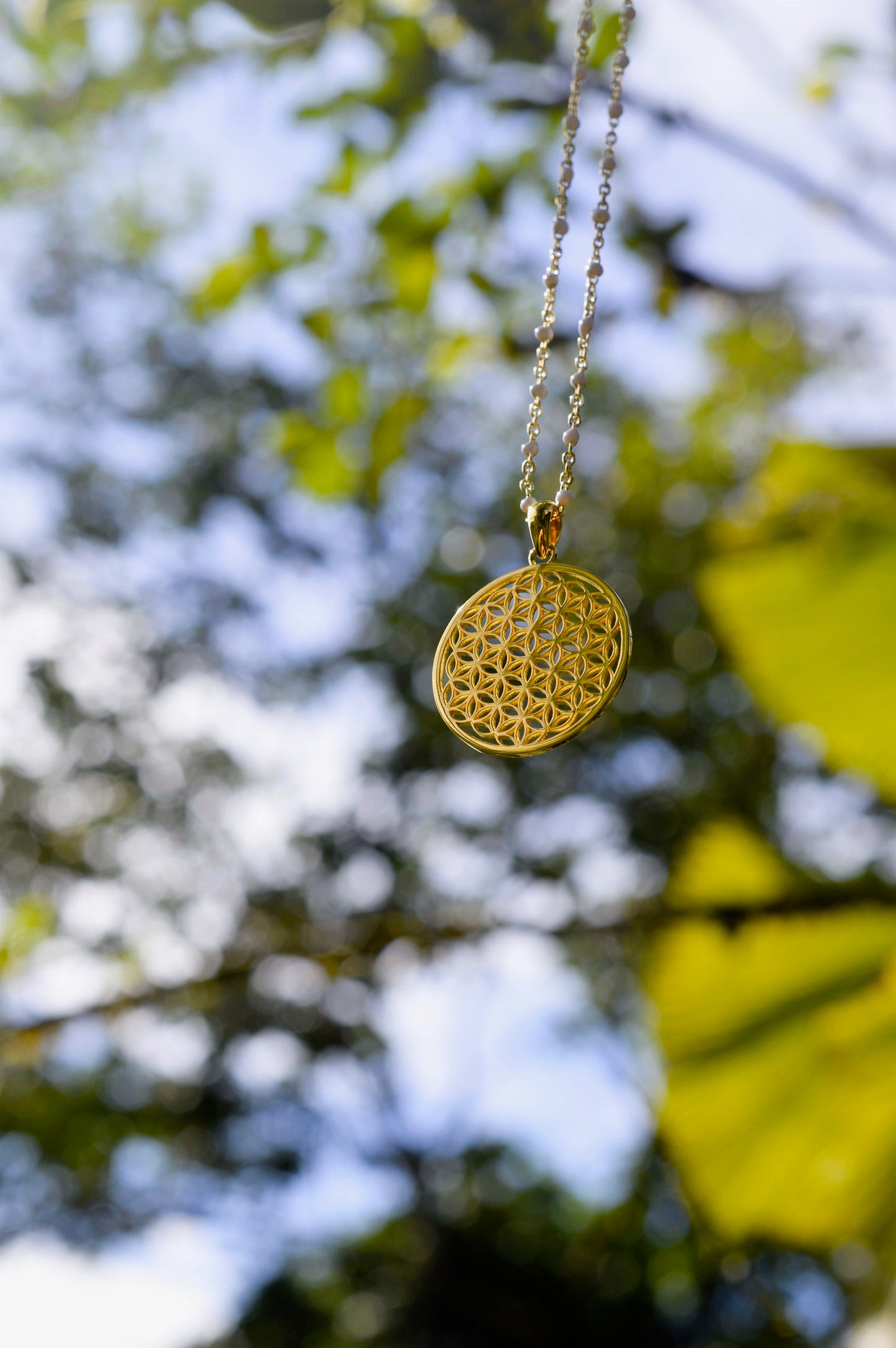 Peaceful Heart Flower of Life Necklace, White Enamel, 18K Gold