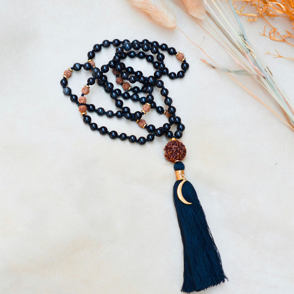 Emotional Stability & Protection Black Tourmaline Mala – Rishikesh Charity Collection Meditation Necklace
