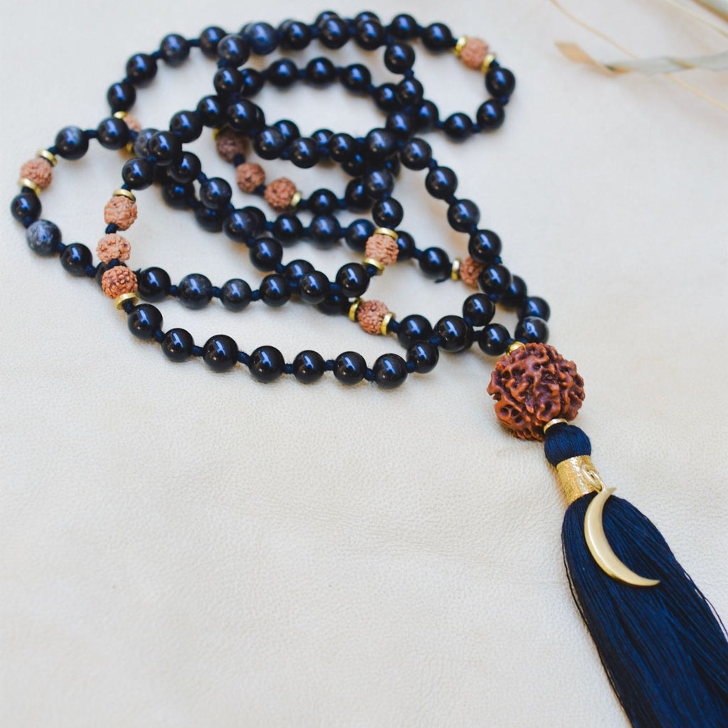 Emotional Stability & Protection Black Tourmaline Mala – Rishikesh Charity Collection Meditation Necklace