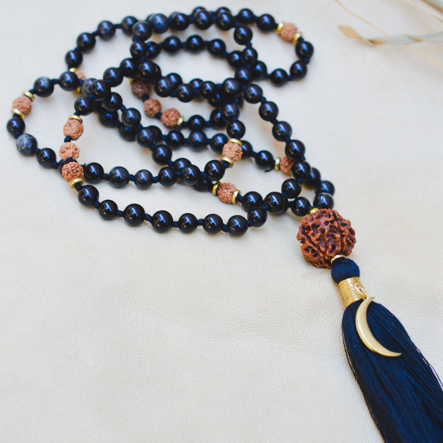 Emotional Stability & Protection Black Tourmaline Mala – Rishikesh Charity Collection Meditation Necklace
