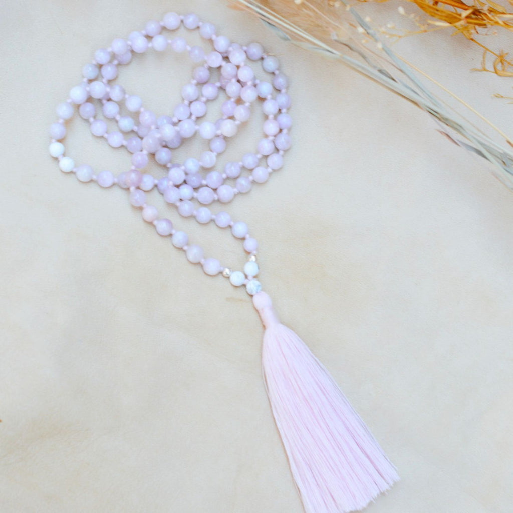 Love & Devotion Kunzite & Howlite Mala – Rishikesh Charity Collection Meditation Necklace