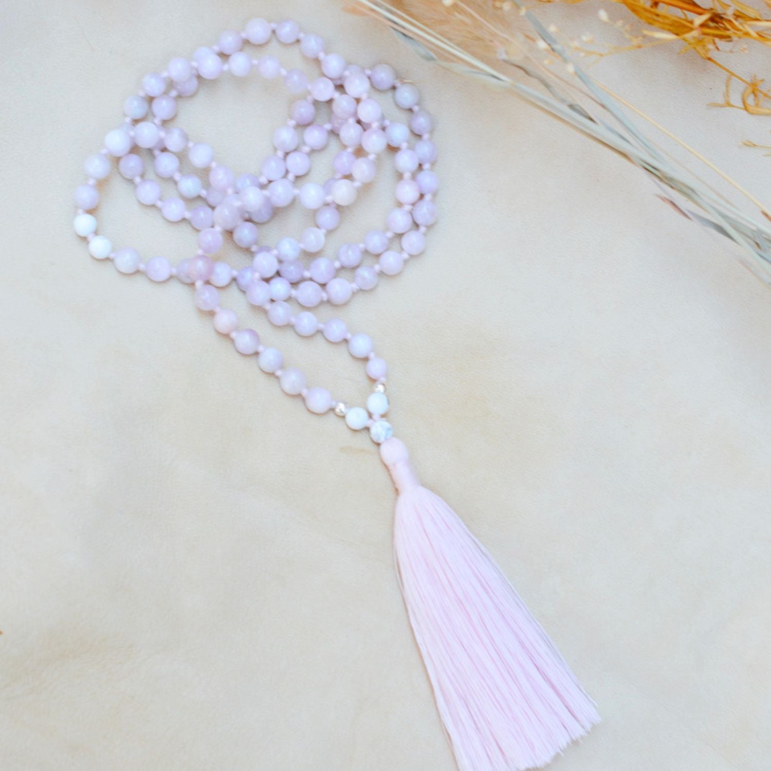 Love & Devotion Kunzite & Howlite Mala – Rishikesh Charity Collection Meditation Necklace