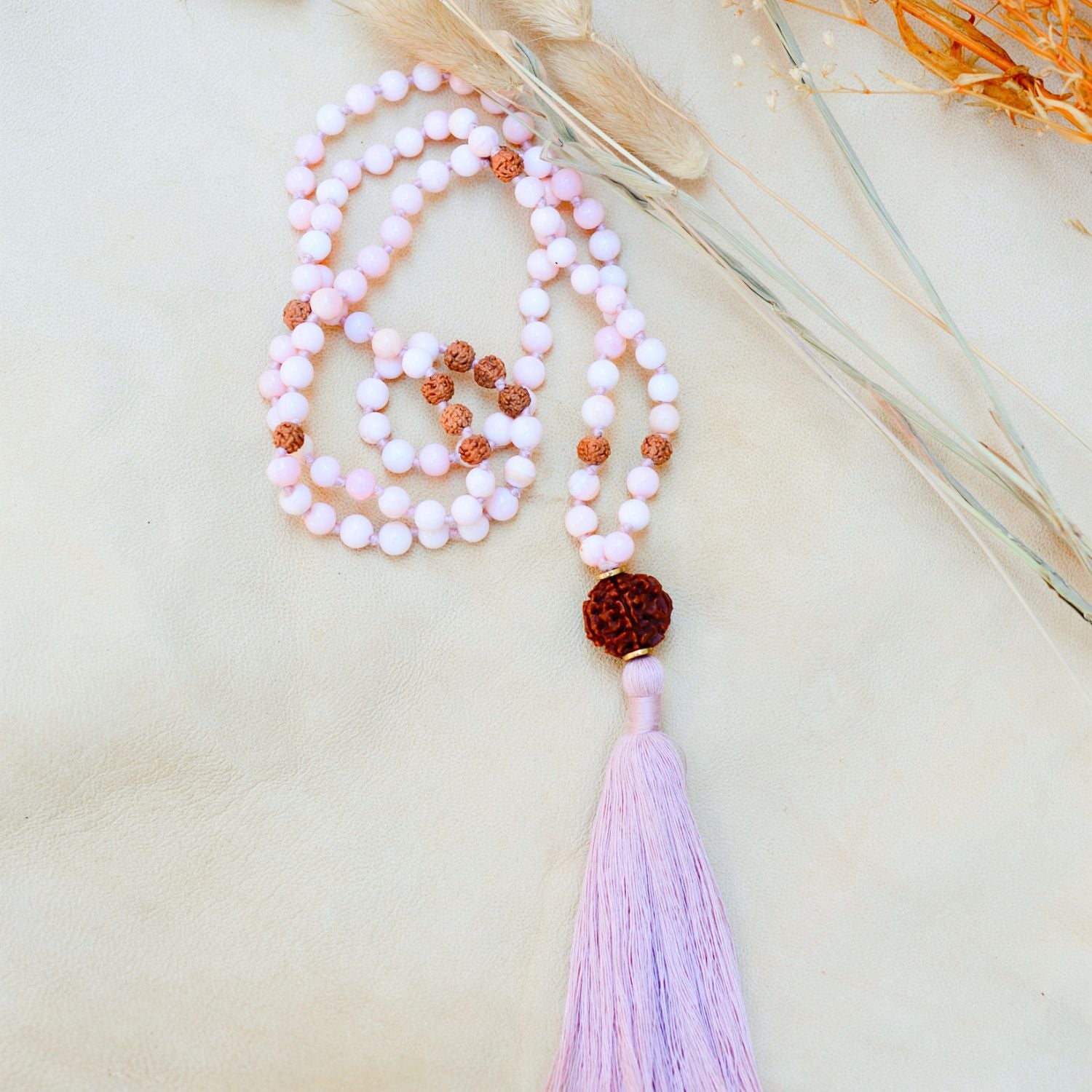 Higher Realms Pink Opal & Rudraksha Mala – Rishikesh Charity Collection Meditation Necklace