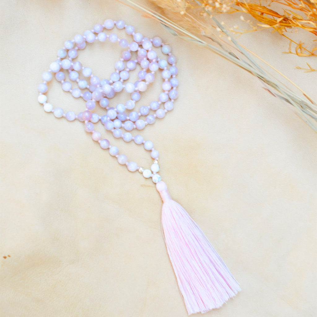 Love & Devotion Kunzite & Howlite Mala – Rishikesh Charity Collection Meditation Necklace