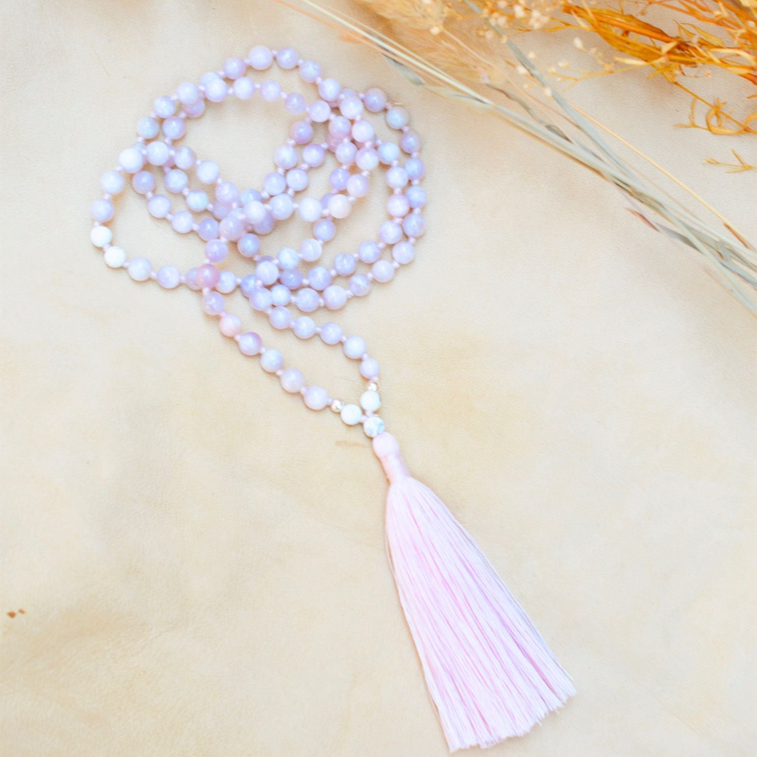 Love & Devotion Kunzite & Howlite Mala – Rishikesh Charity Collection Meditation Necklace