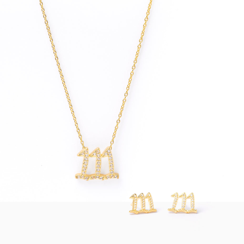 111 Angel Number Manifestation Set – Necklace & Earrings with White Topaz in Rose Gold