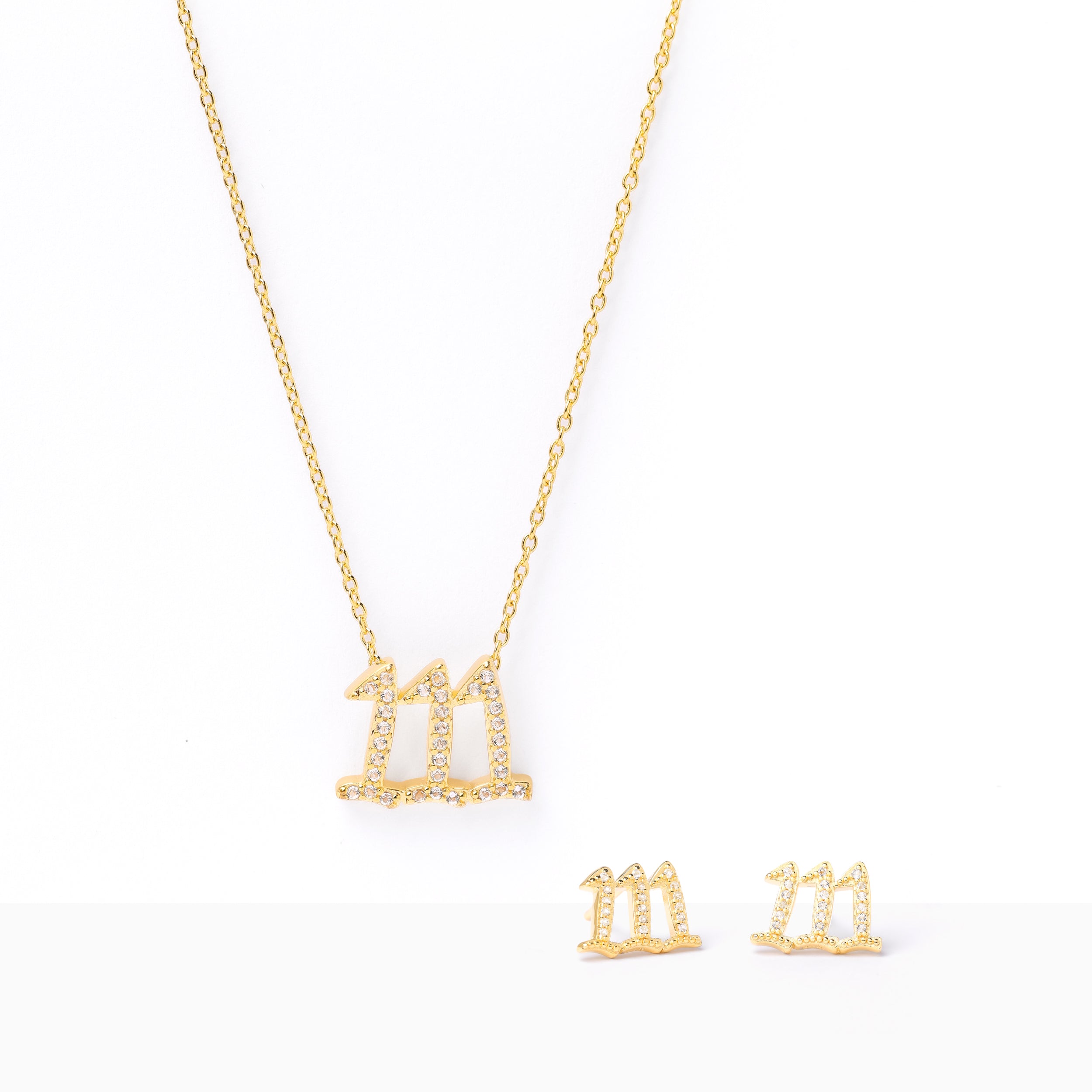 111 Angel Number Manifestation Set – Necklace & Earrings with White Topaz in Rose Gold